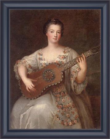 framed  unknow artist Portrait of a young lady,three-quarter length,wearing a floral and ivory lace-trimmed dress,playing the guitar, Ta3139-1